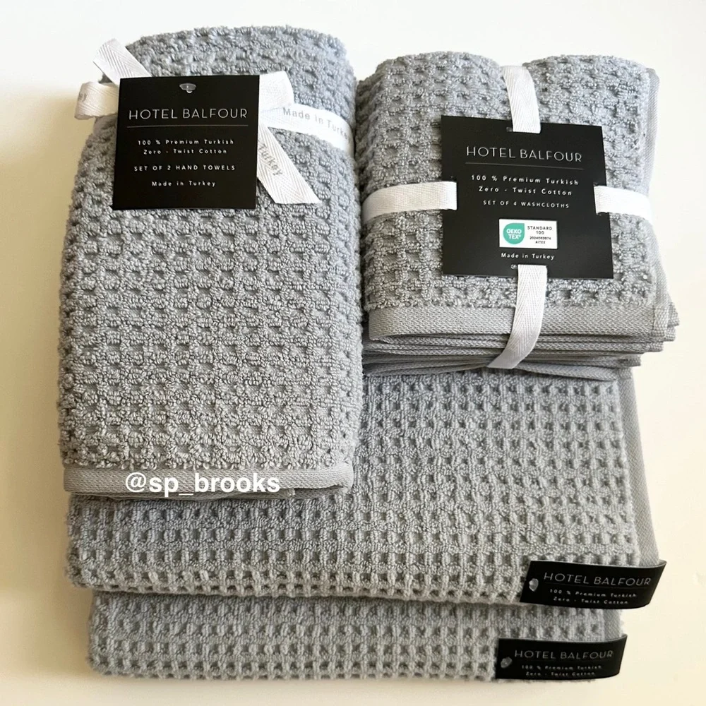 🎁8PC Hotel Balfour Bath Towel Set -Zero Twist Cotton -Waffle Light Blue Chambray